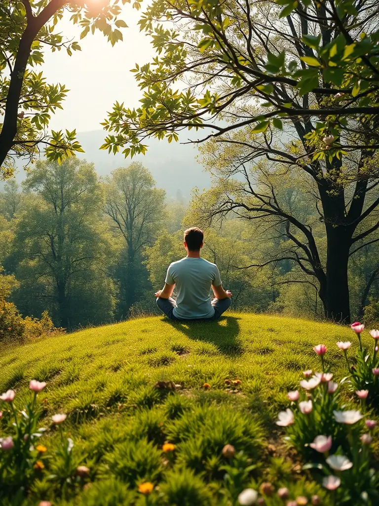 A person meditating in a serene environment, surrounded by nature, symbolizing the integration of mind, body, and spirit in holistic healing.