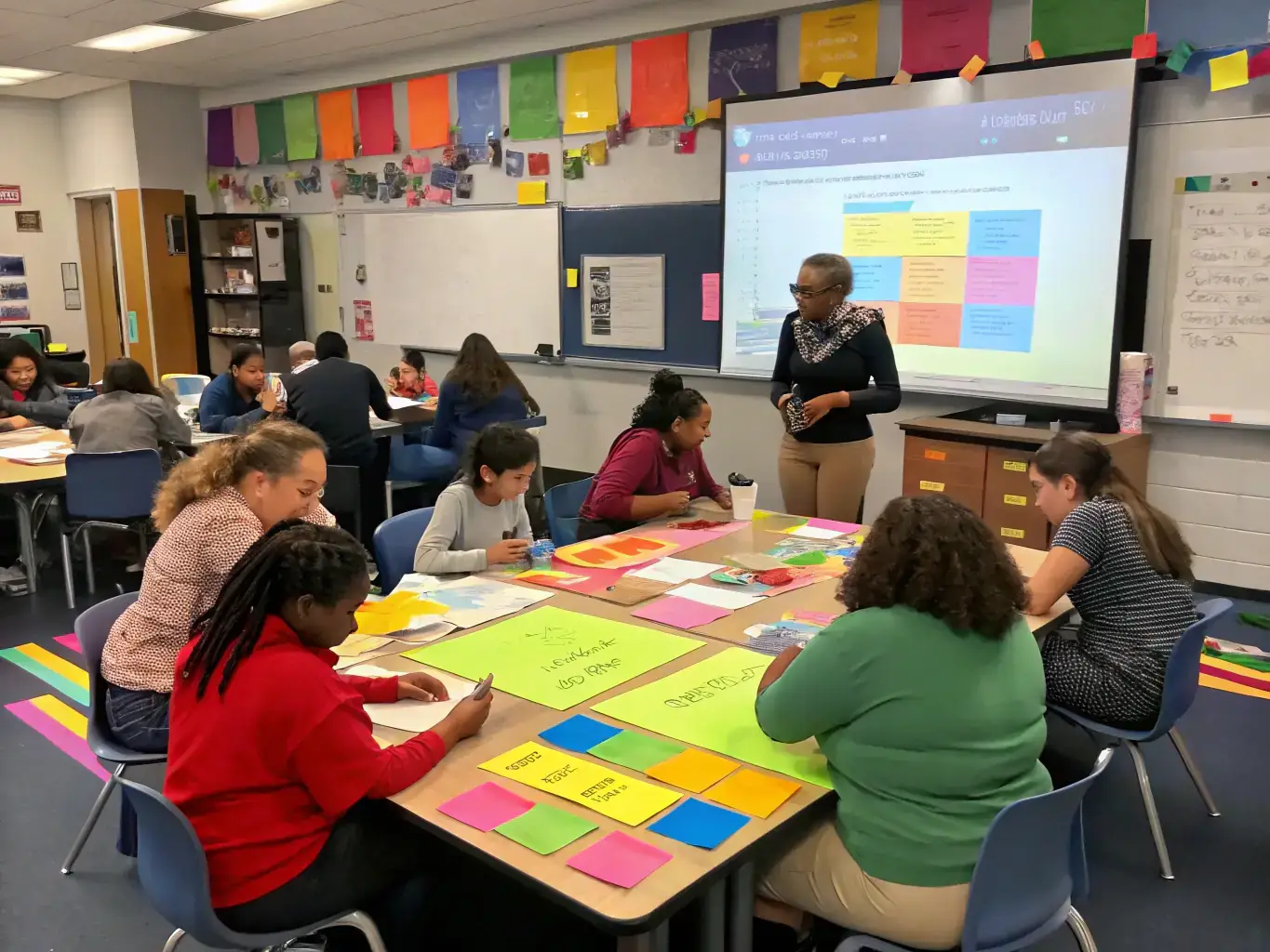A diverse group of individuals participating in a job skills training session, focused on learning new techniques and technologies, symbolizing empowerment and opportunity through Mind Align Health's workforce development programs.