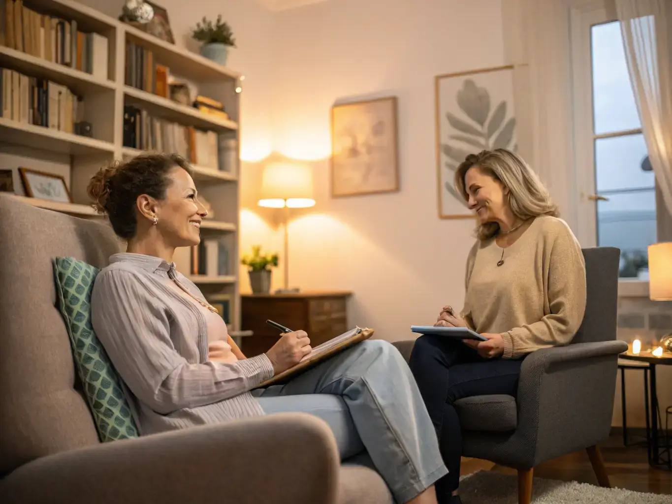 A caring therapist engaging with a client in a warm, welcoming therapy room, emphasizing trust and healing. This image represents Mind Align Health's trauma-informed psychotherapy services.