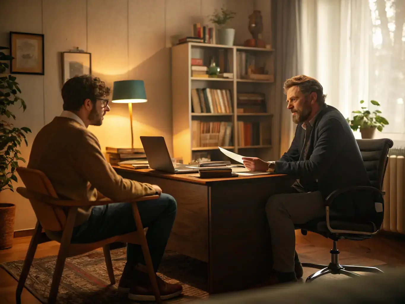 A career counselor providing guidance and support to a job seeker, helping them navigate the job market and achieve their career goals through Mind Align Health's staffing solutions.