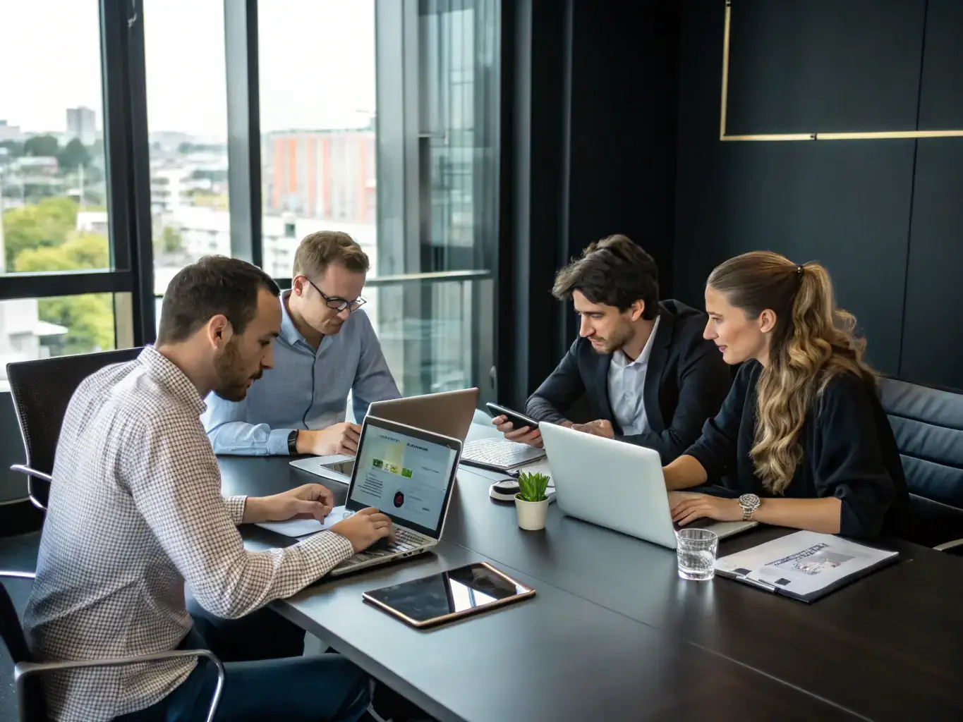 A group of professionals collaborating in a modern office setting, representing the staffing solutions provided by Mind Align Health to connect businesses with skilled talent.