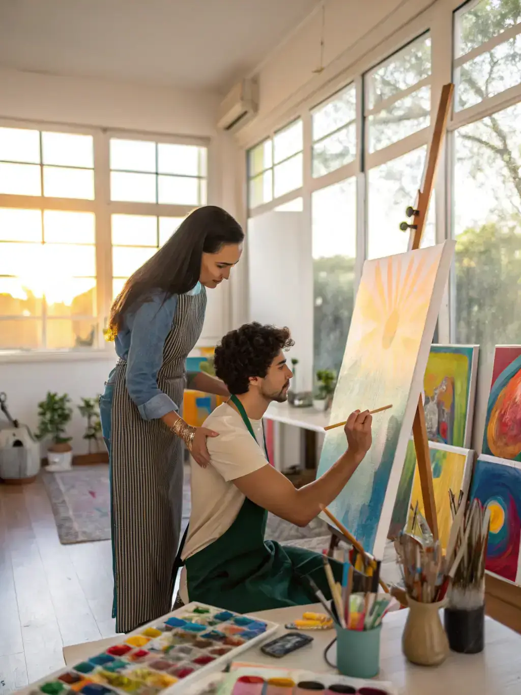 A therapist using art therapy techniques with a client, encouraging creative expression and emotional exploration through various artistic mediums.