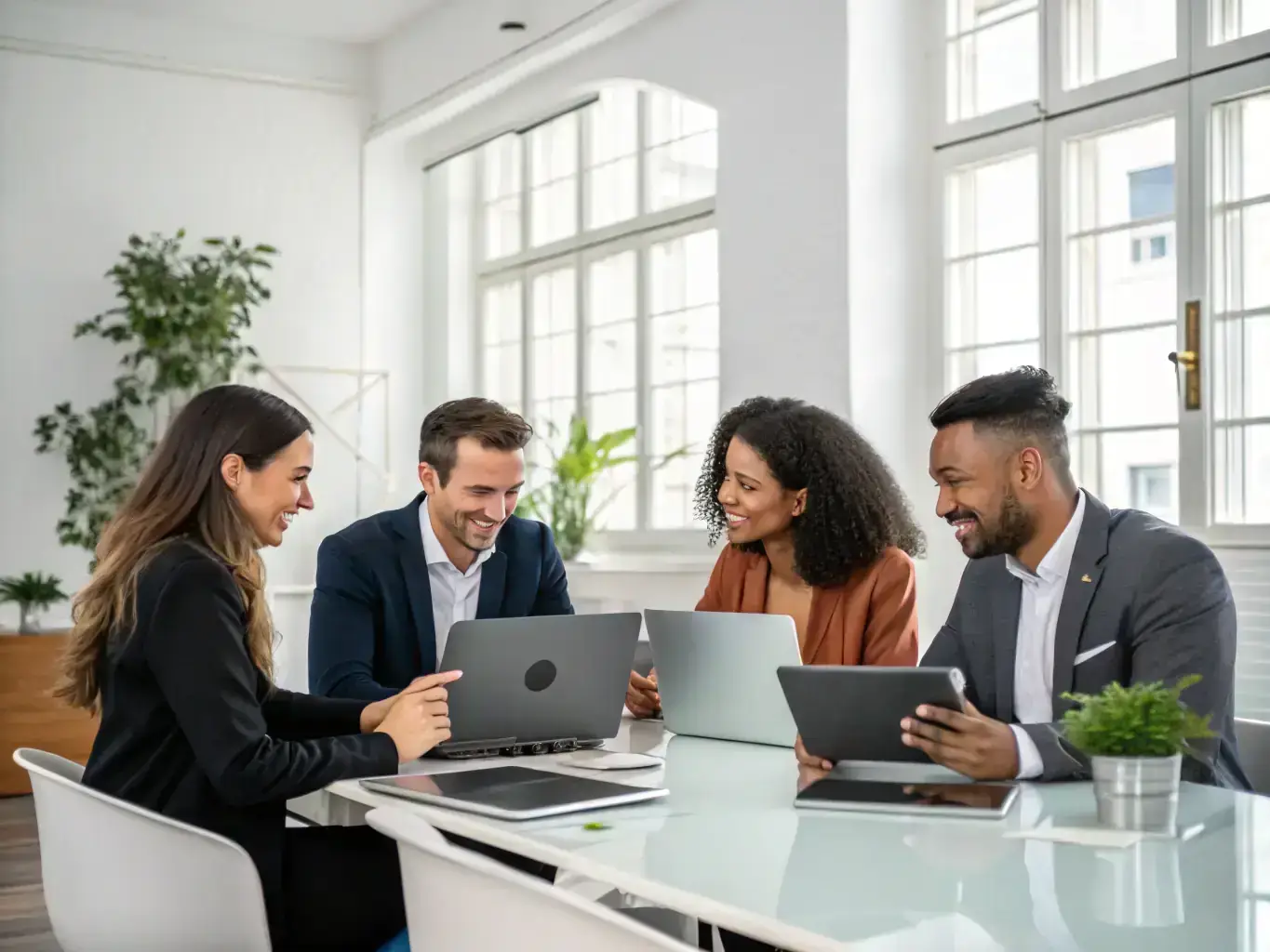 A diverse team is collaborating effectively in a bright, modern office, showcasing the improved team dynamics and communication that result from executive coaching.
