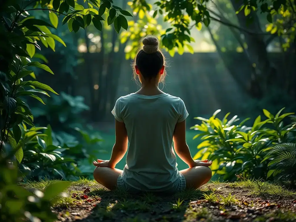 An individual is meditating in a peaceful environment, representing the focus on personal development and well-being that executive coaching provides.