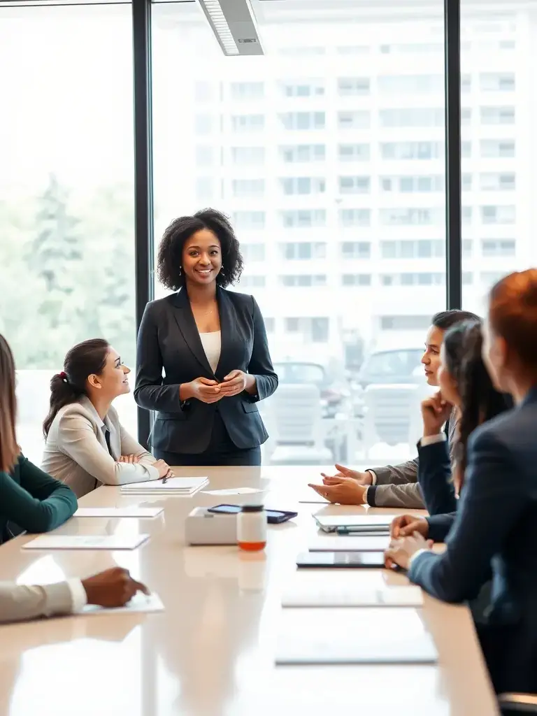 A confident healthcare leader giving a presentation to their team, demonstrating improved communication and leadership skills.