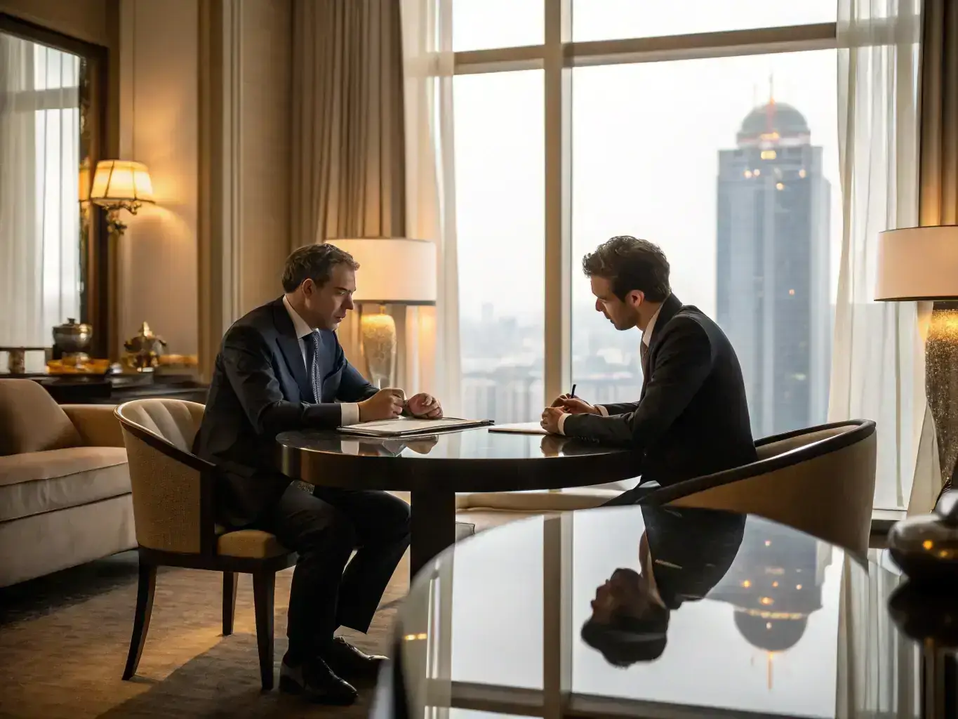 A professional in a suit is engaged in a deep conversation with a coach in a modern office setting, symbolizing the personalized attention and guidance provided in executive coaching.