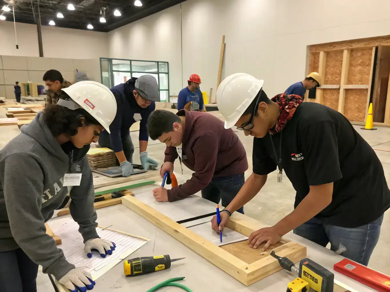 A diverse group of individuals participating in a job training workshop, focusing on hands-on skills development and career readiness.
