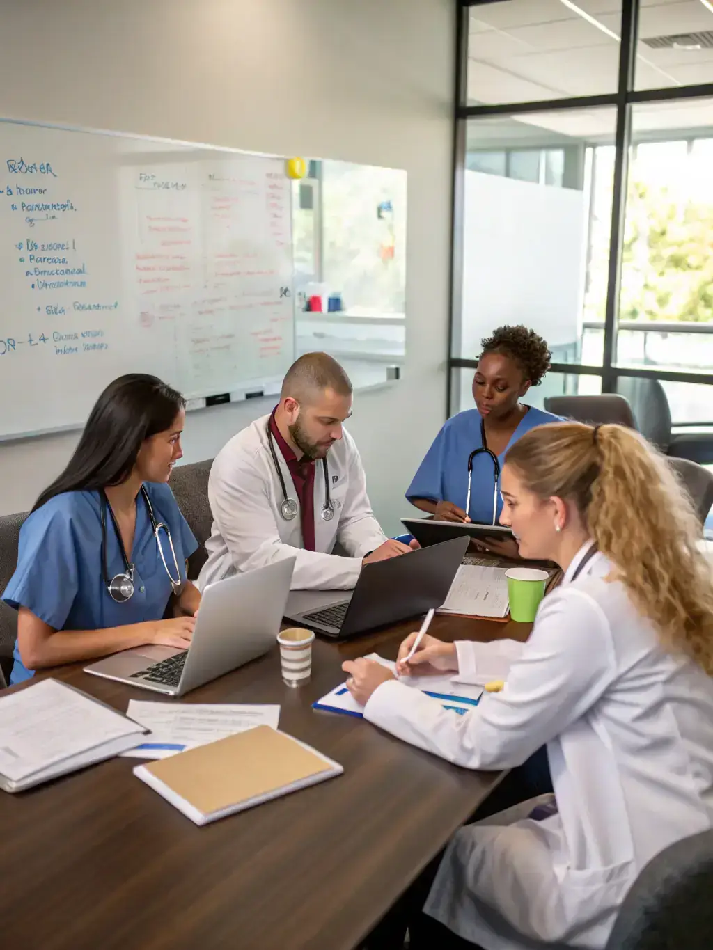 A diverse team of healthcare professionals collaborating effectively in a brightly lit, modern hospital conference room, showcasing improved teamwork.