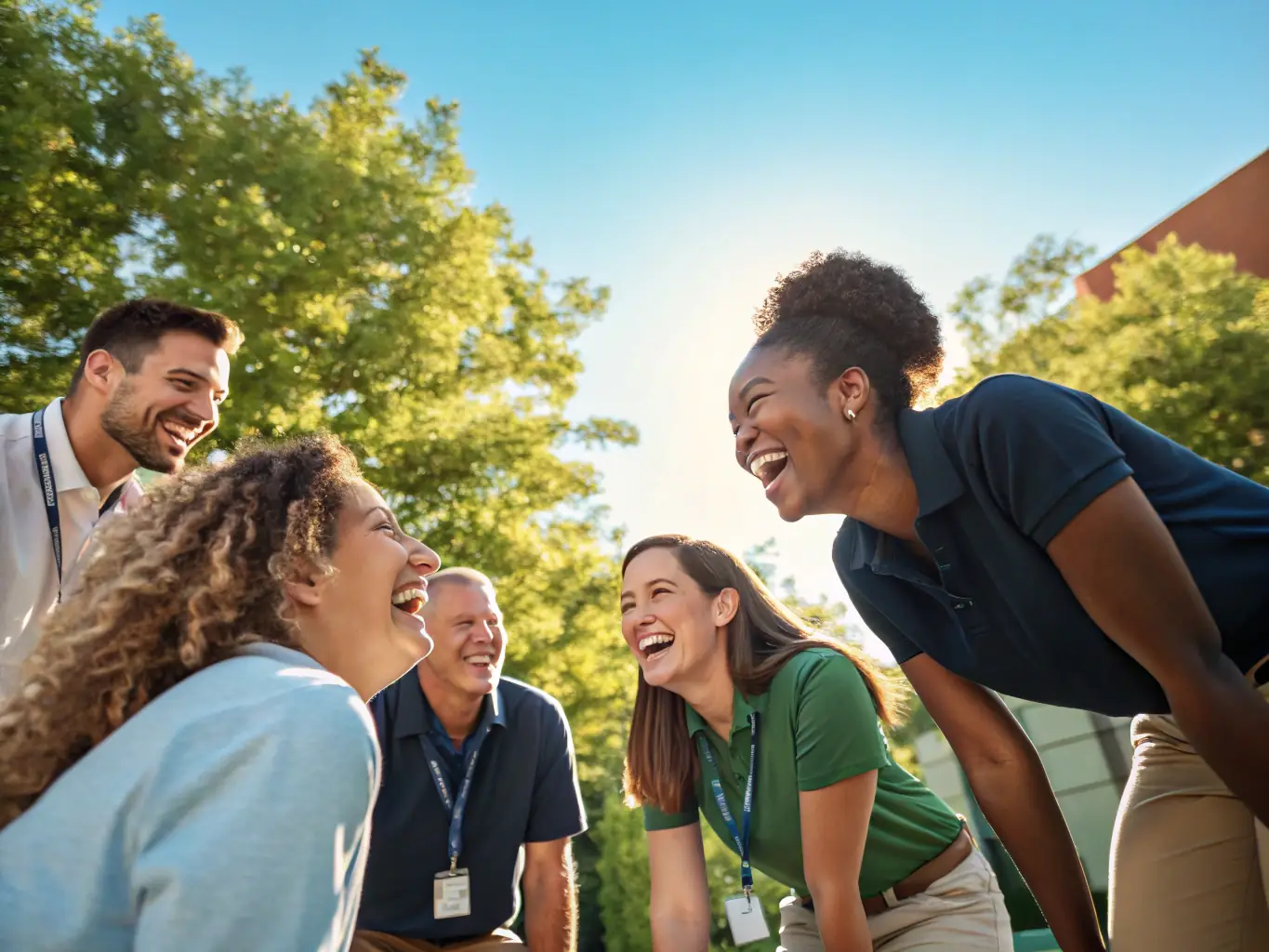 A group of employees participating in a team-building exercise outdoors, showcasing improved employee engagement and a positive work environment fostered by strong leadership.