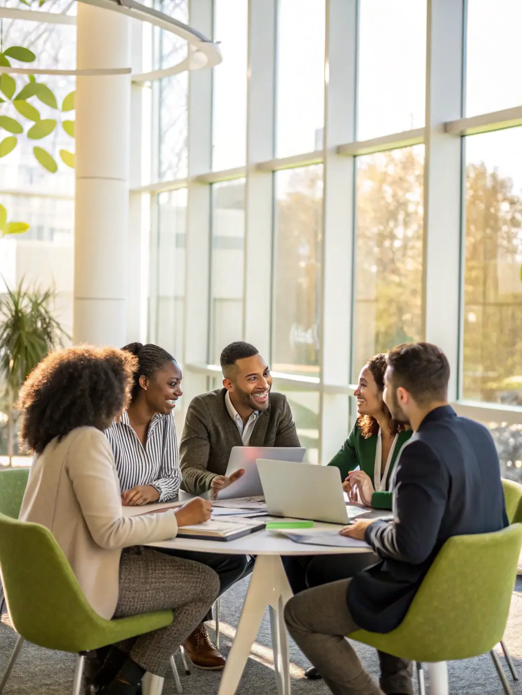 A diverse group of professionals participating in a Mind Align Health leadership workshop, actively engaged in a team-building exercise, fostering collaboration and problem-solving skills.