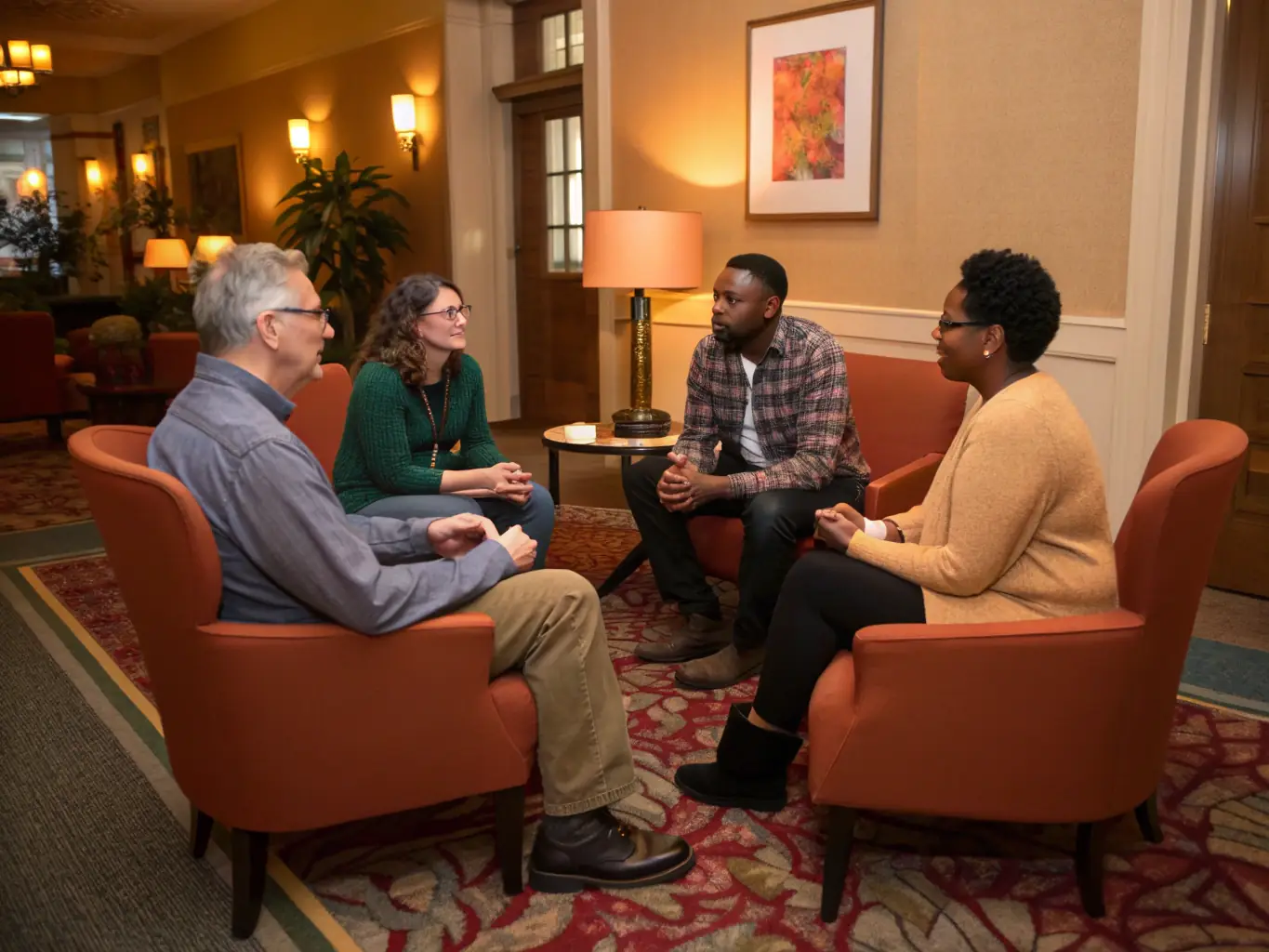 A diverse group of individuals participating in a group therapy session, showing support and connection. The setting is a comfortable and inclusive environment.