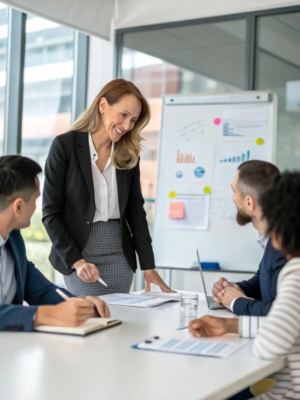 A professional executive in a modern office setting, confidently leading a team meeting, fostering collaboration and strategic thinking.