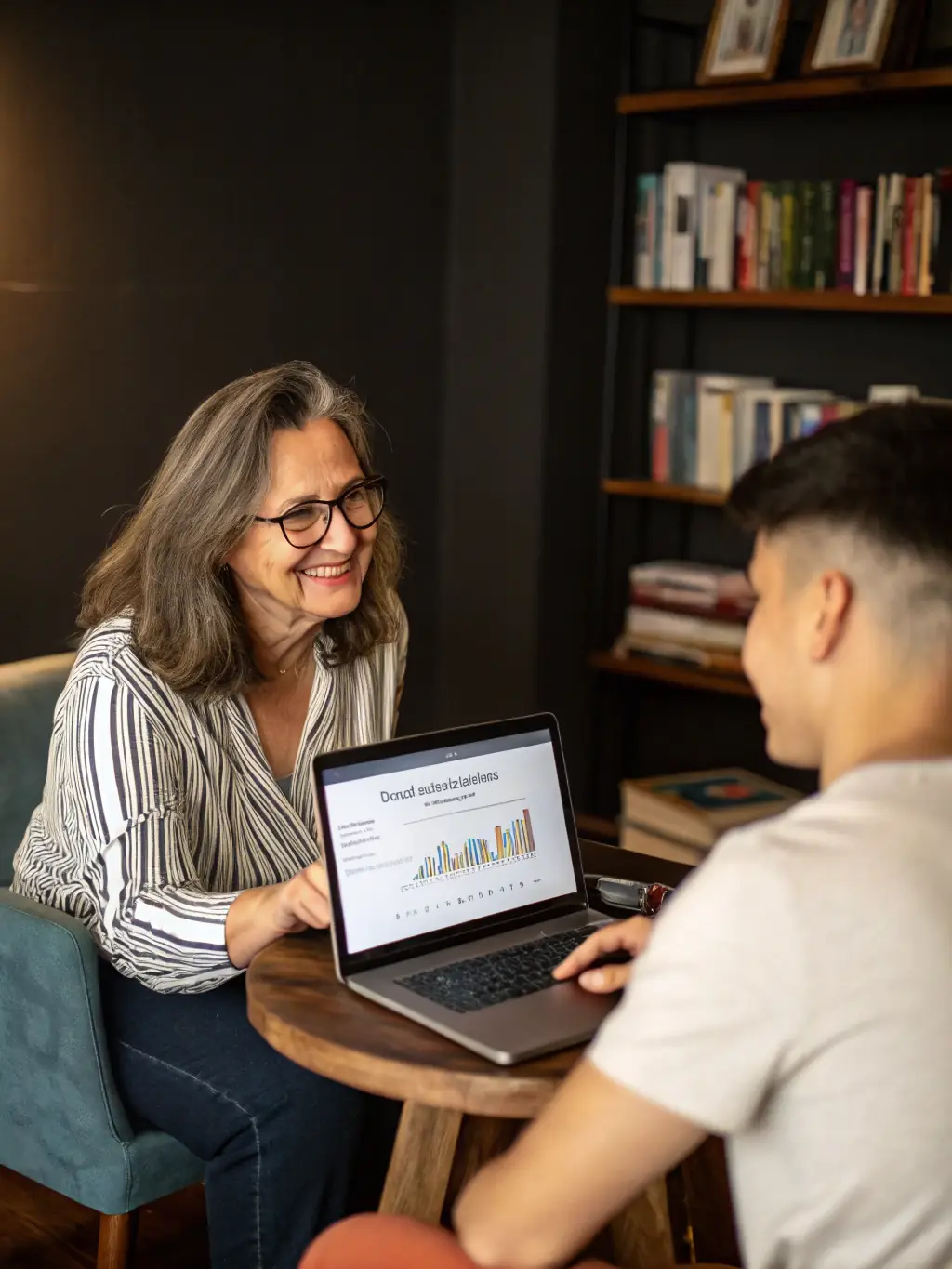 A professional executive coach in a modern office setting, listening attentively to a healthcare executive who is explaining a complex workforce challenge. The coach is taking notes and providing supportive feedback.