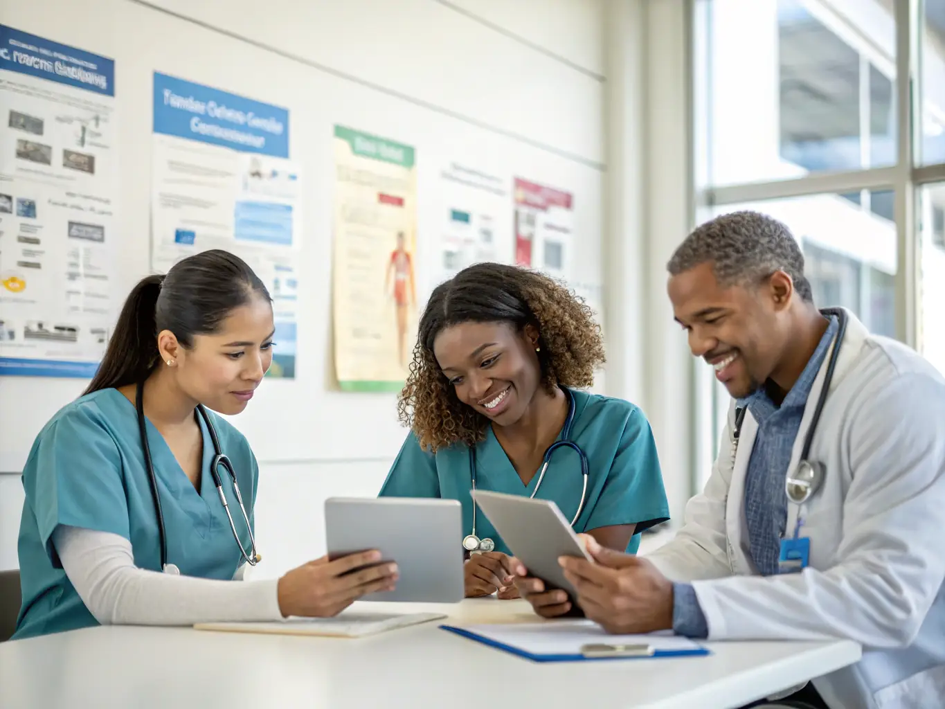A diverse team of healthcare professionals collaboratively reviewing patient data in a brightly lit, modern office setting, symbolizing enhanced team collaboration through leadership development.
