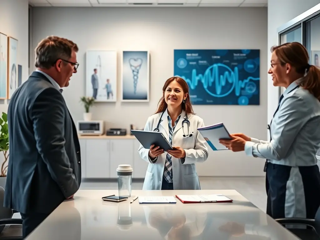 A professional executive coach is working with a healthcare executive in a modern office setting, reviewing data and discussing strategic decisions, symbolizing improved decision-making skills.