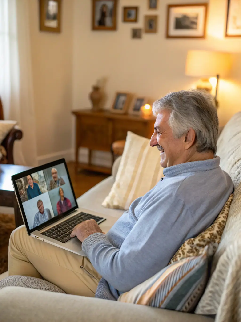 A veteran utilizing online mental health resources on a laptop, with a supportive family member nearby, showcasing accessible digital support.