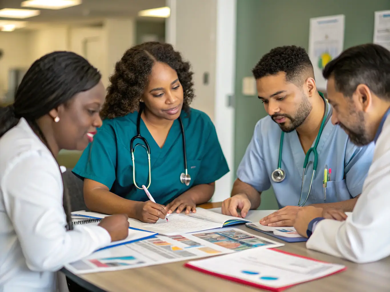A diverse team of healthcare professionals collaborating in a brightly lit, modern office space, symbolizing enhanced teamwork and productivity resulting from effective leadership development programs.