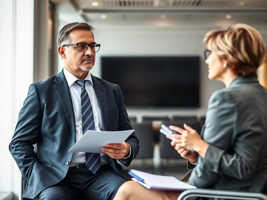 A professional business coach in a modern office setting, working closely with a healthcare executive, reviewing performance metrics and discussing strategic leadership development plans.